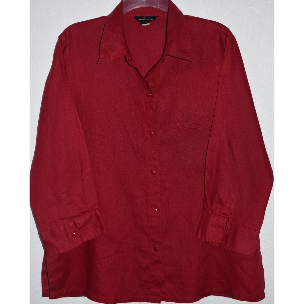 Moda International 100%‎ Linen Button Front Shirt Womens Large RED Costal Party